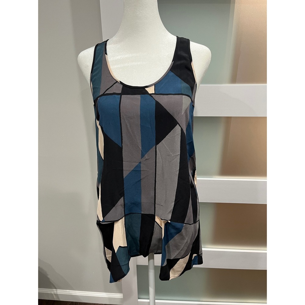Comptoir Des Cotonniers Geometric Print Silk Tank‎ Top Women Black Blue Gray